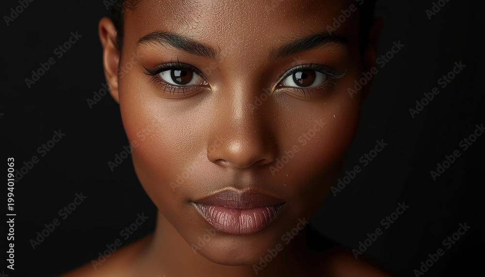 Fototapeta premium Young woman portrait closeup brown skin glossy lips warm glow confident gaze