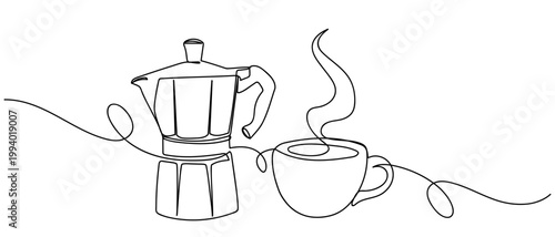 Moka pot and coffee cup in Single continuous line drawing Editable stroke.