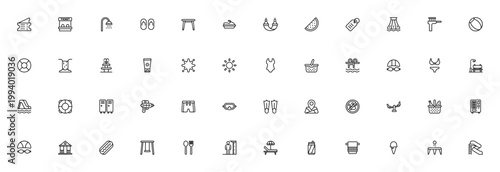 Water park icon set. Vector illustration includes symbols for water slide, swimming pool, ticket, locker, sunscreen, swimsuit, float, food and more. Editable stroke.