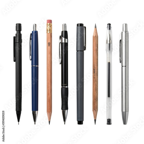 Fotografía Assorted collection of pens and pencils in a row