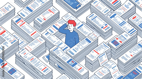 Overwhelmed Man Surrounded by Towering Stacks of Financial Documents