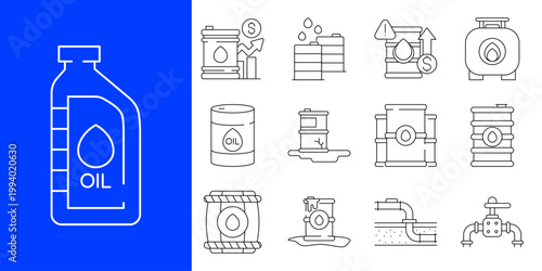 Set of icons representing oil industry, oil production, and storage, including barrels, pipelines, and money symbols