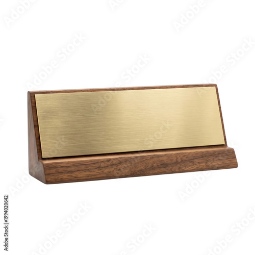 Photos Blank brass nameplate on dark walnut wood base
