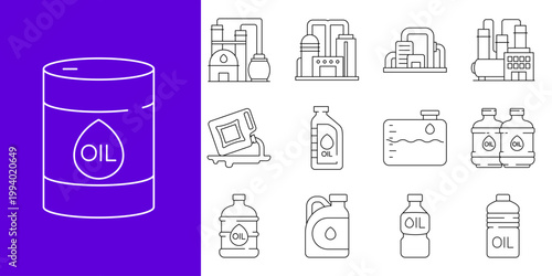 Essential line icons for oil and gas industry operations, showcasing petroleum barrels, fuel containers, and industrial refinery plants