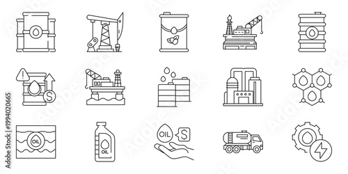 Comprehensive collection of line art icons representing the global oil and gas industry, from extraction and drilling to refining, transportation, and environmental considerations