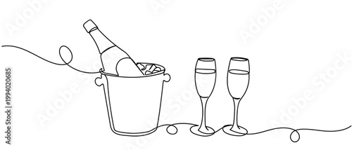 Champagne in an ice bucket and two champagne glasses. in Single continuous line drawing Editable stroke.