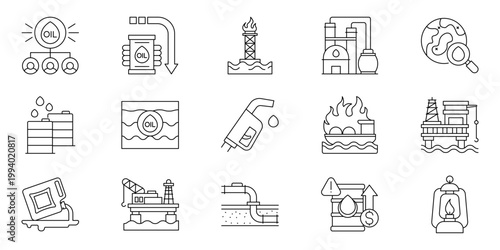 Set of oil and gas industry icons exploration, extraction, refining, and distribution to consumers