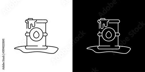 Oil barrel leaking on a white and black background, simple line art icon illustration representing an industrial hazard or environmental pollution issue