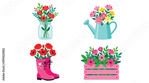 Set of colorful spring floral arrangements in glass jar watering can rubber boots and wooden crate isolated on white background