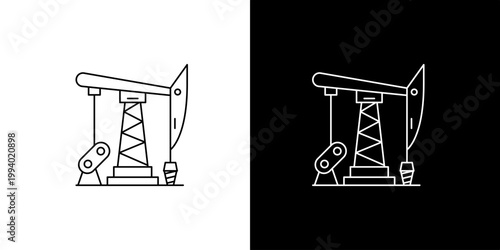 Minimalist line art illustration of an oil pumpjack, symbolizing fossil fuel extraction and the petroleum industry. Modern outline icon representing energy production, economic concepts