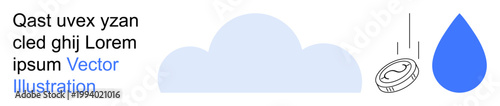 Cloud computing, digital currency, fintech, innovation, sustainability, environmental impact. Visual elements include a cloud, a coin and a water drop. Cloud computing and fintech ideas