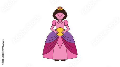 Cartoon Princess Illustration Wearing Crown and Pink Gown Holding Golden Ball Isolated on White