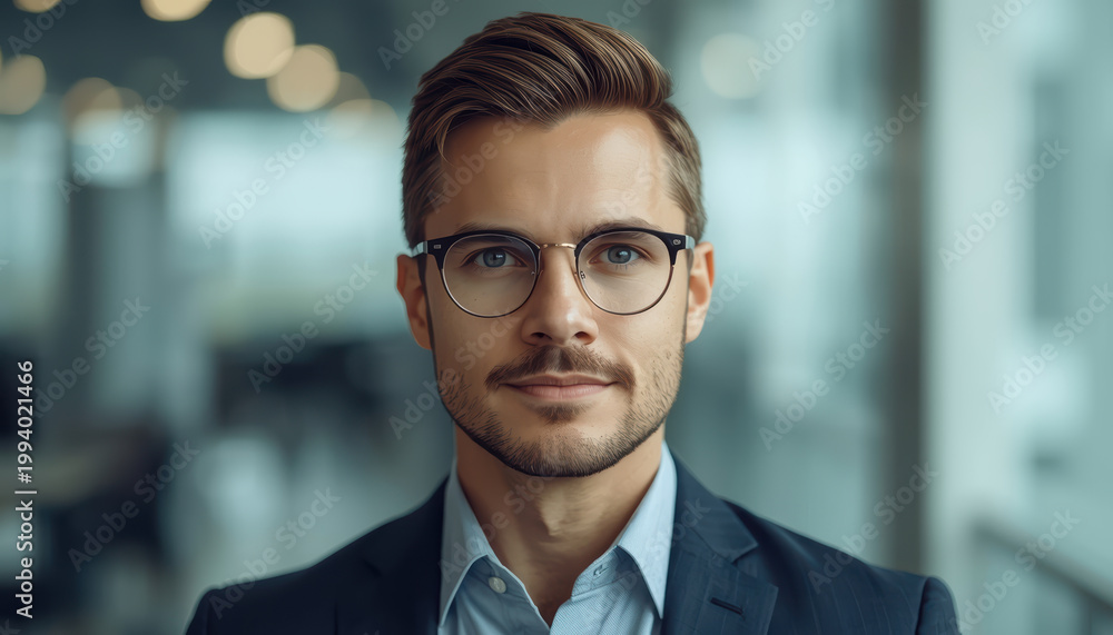 Fototapeta premium Young man with glasses and blazer smiling confidently in office environment