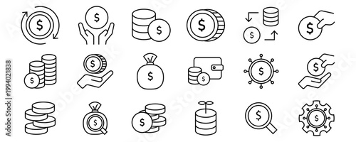 Coins icon set. Contain icons related to Coins, money, and more. Editable stroke. Vector Illustration