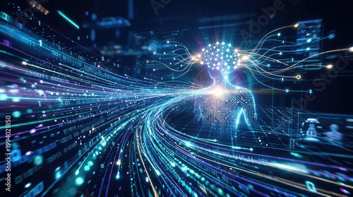 A vibrant digital image showcases a glowing, abstract humanoid figure emerging from a swirling vortex of binary code and data streams.