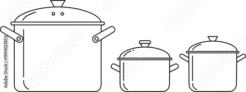 Cooking Pot Icon Set in Outline Style Featuring Saucepan and Stockpot with Lids for Kitchen, Culinary, Food Preparation, and Restaurant Equipment Design