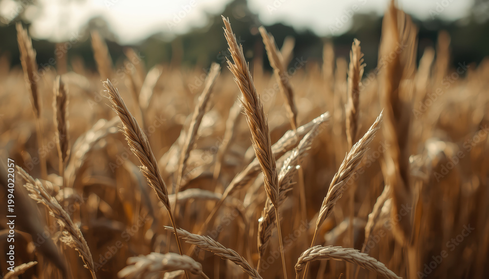 Fototapeta premium Golden wheat field closeup sunlight bokeh depth of field