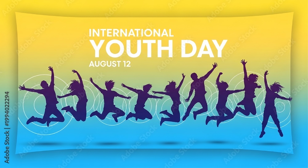 Obraz premium A line of multiple human silhouettes jump in celebration across a bright yellow and blue gradient background with white circular patterns.