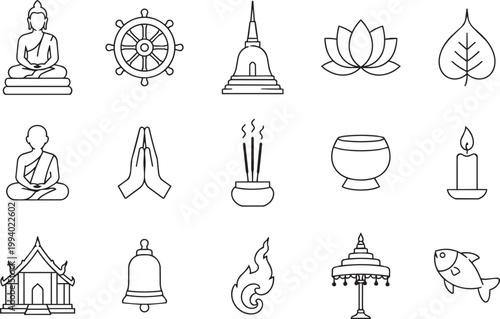 Minimal Buddhist Icons Set - Clean Line Religion and Spiritual Vector 15 Icons Grid