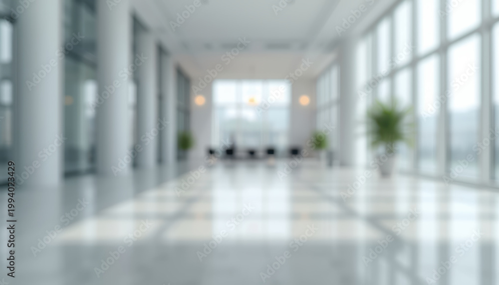 Fototapeta premium Bright modern lobby with large windows and polished floor, airy minimal interior mood