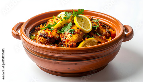 Chicken tagine with lemon and parsley in a rustic terracotta bowl showcasing vibrant colors and traditional culinary presentation