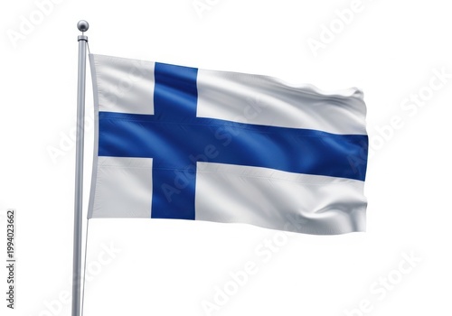Waving flag of finland on a flagpole isolated on white background, high quality 3d render of the national flag of finland