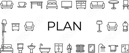 Home furniture and interior plan icons set with household items rooms elements minimal outline vector illustration