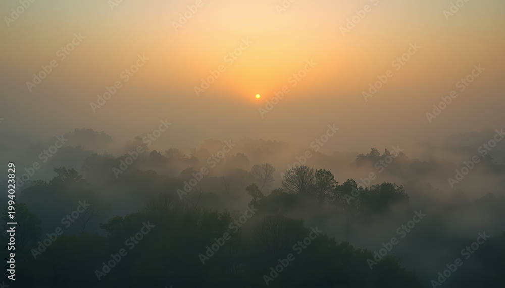 Fototapeta premium Morning fog forest sunrise misty trees warm light
