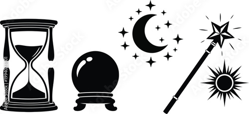 Mystical collection an enchanting arrangement of divination tools including an hourglass crystal ball crescent moon and wand