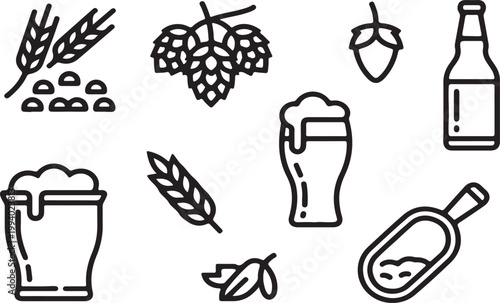 Brewery production collection with beer ingredients and glass mugs.