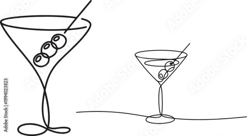 Continuous line art of martini cocktail glasses on horizontal line.