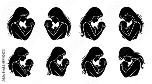 Silhouette series of woman embracing herself in emotional reflection on transparent background