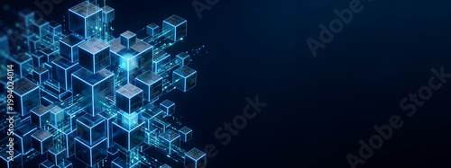 3D abstract floating geometric cubes connected by glowing neon lines representing blockchain data structure and future digital networks