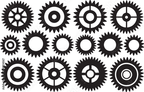 Collection of various black gears and cogs.