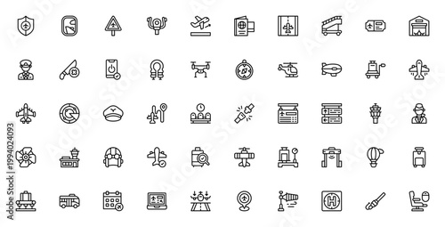 Airport icon set. Travel vector symbols collection. Includes airplane, luggage, pilot, passport, runway, security and more. Minimal line icons.