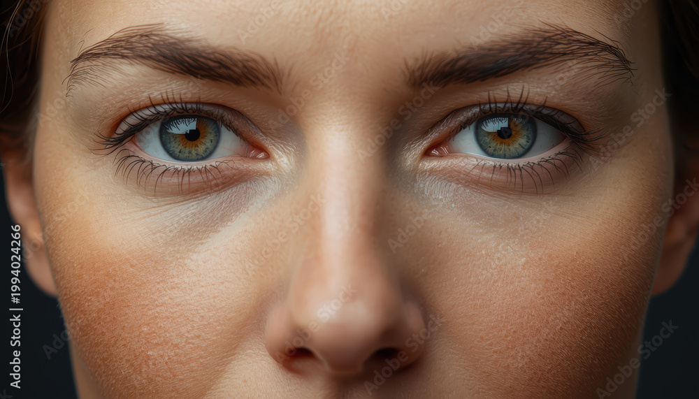 Fototapeta premium Close up portrait of blue hazel eyes and natural skin texture with soft lighting