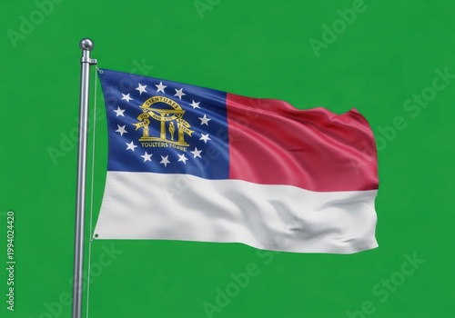 Waving flag of the us state of georgia on a flagpole against a green screen background, featuring the state seal, thirteen stars, and red and white stripes