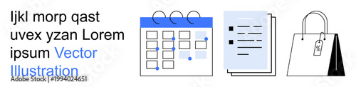 Business planning, productivity, e-commerce, retail shopping, scheduling, organization. A set of icons displaying a calendar, files and a shopping bag. Business planning and e-commerce concept