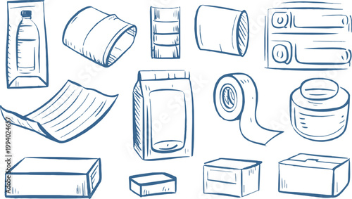 Packaging materials collection sketch style on transparent background.