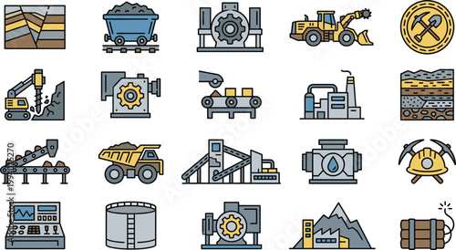 Mining industry icon set with excavation equipment machinery minerals and industrial production elements colorful vector illustration
