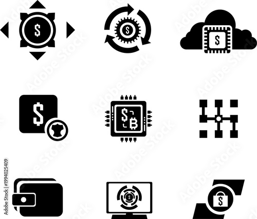 Modern fintech icon set featuring digital wallet, secure payment, fund transfer, cloud banking, finance dashboard, crypto payment, and smart banking technology