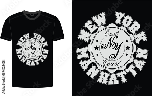 Black tshirt with circular new york and east coast graphic design