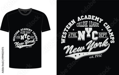 Black tshirt with white graphic design featuring new york city and sports themes