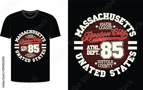 Graphic tshirt design featuring vintage massachusetts and boston city elements