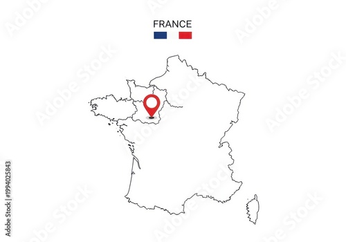 Map of france with a location pin icon, vector illustration of french territory outline with a red marker indicating a specific point