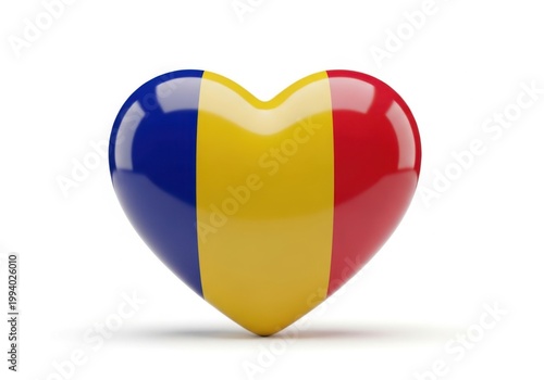 3d heart shape with the national flag of romania, glossy and shiny heart icon isolated on white background