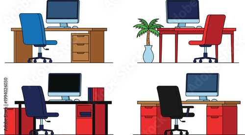 Modern office workspace setups with desks computers chairs and decorative elements colorful interior furniture vector illustration collection