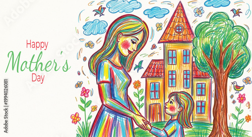 Child's drawing of a mother and son with a house