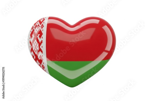 3d heart shape with the national flag of belarus, glossy and shiny heart icon isolated on white background