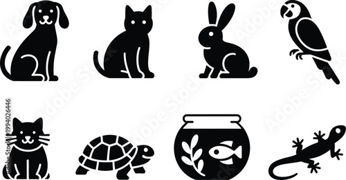 A Collection of Silhouetted Domestic Animals Including Dogs, Cats, Rabbits, Birds, and Aquatic Life in a Creative Illustration 